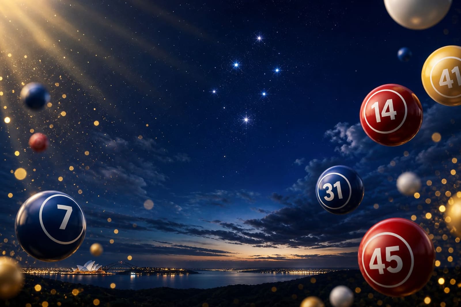 Australian lotto night sky with glowing lottery balls